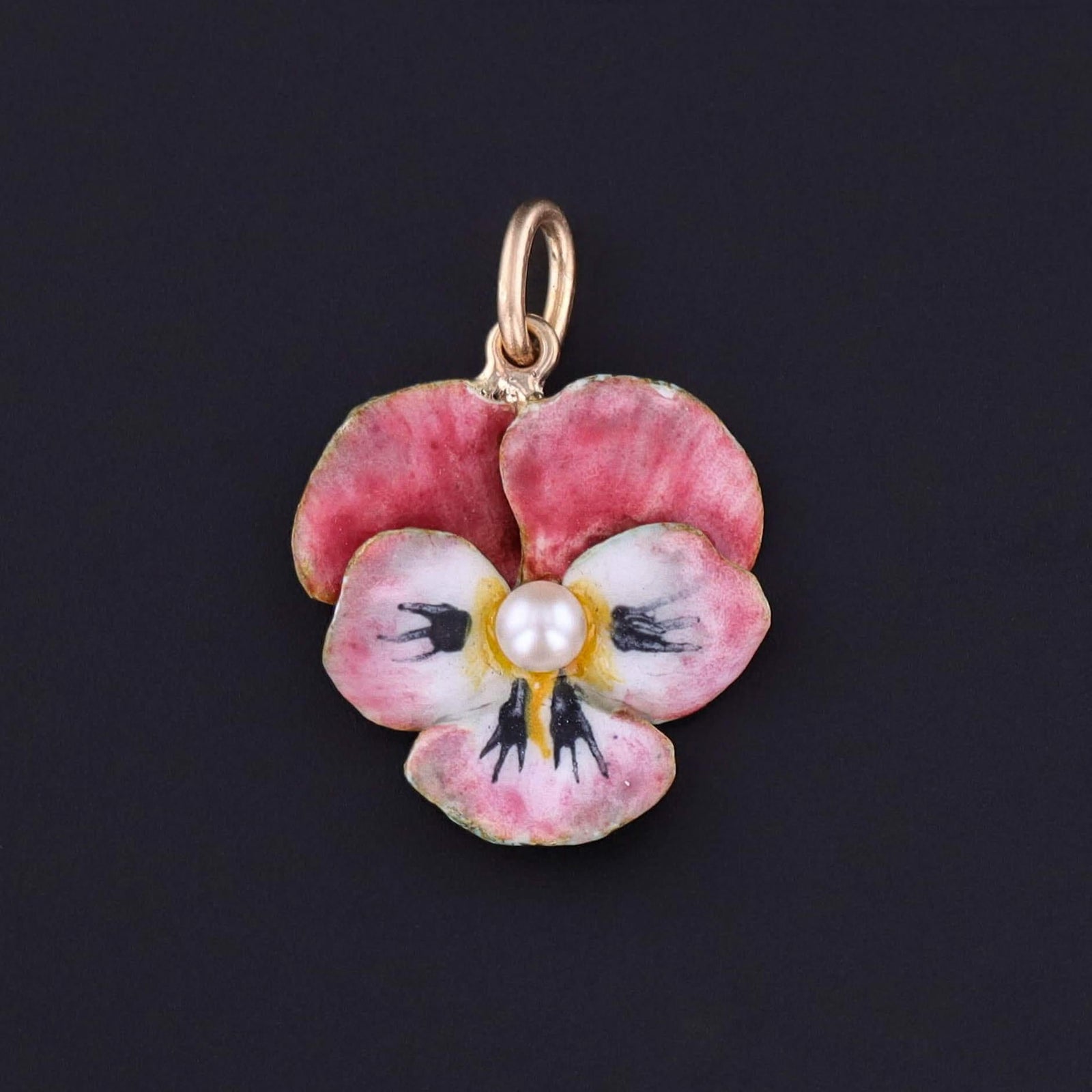Vintage Pink Enamel Pansy Charm of 14k Gold - Trademark Antiques
