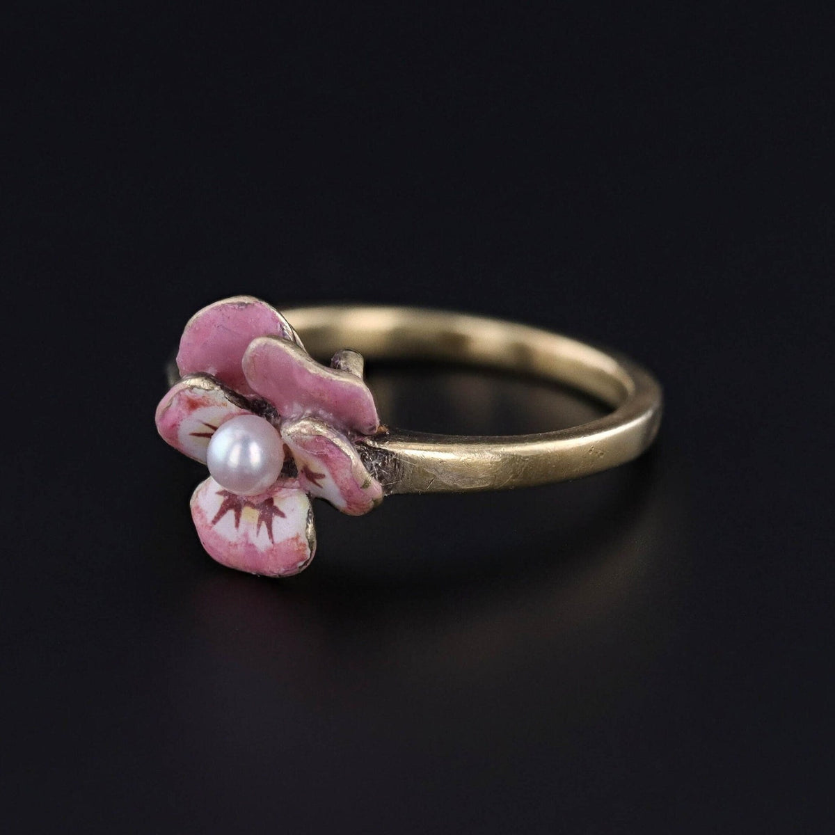 Vintage Pink Enamel Pansy Ring of 14k Gold - Trademark Antiques
