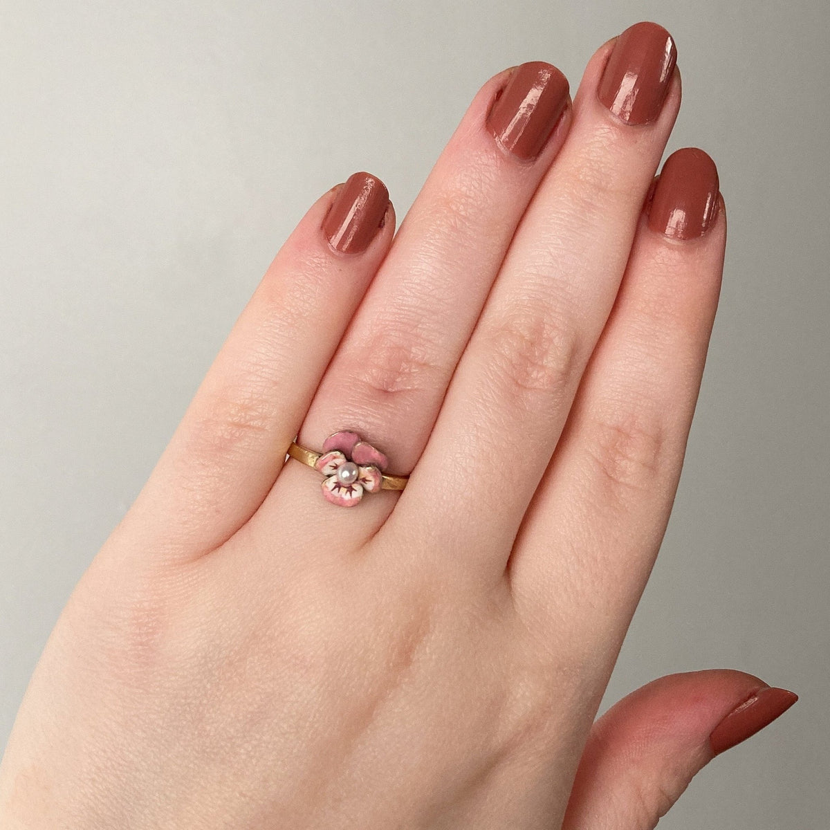 Vintage Pink Enamel Pansy Ring of 14k Gold - Trademark Antiques
