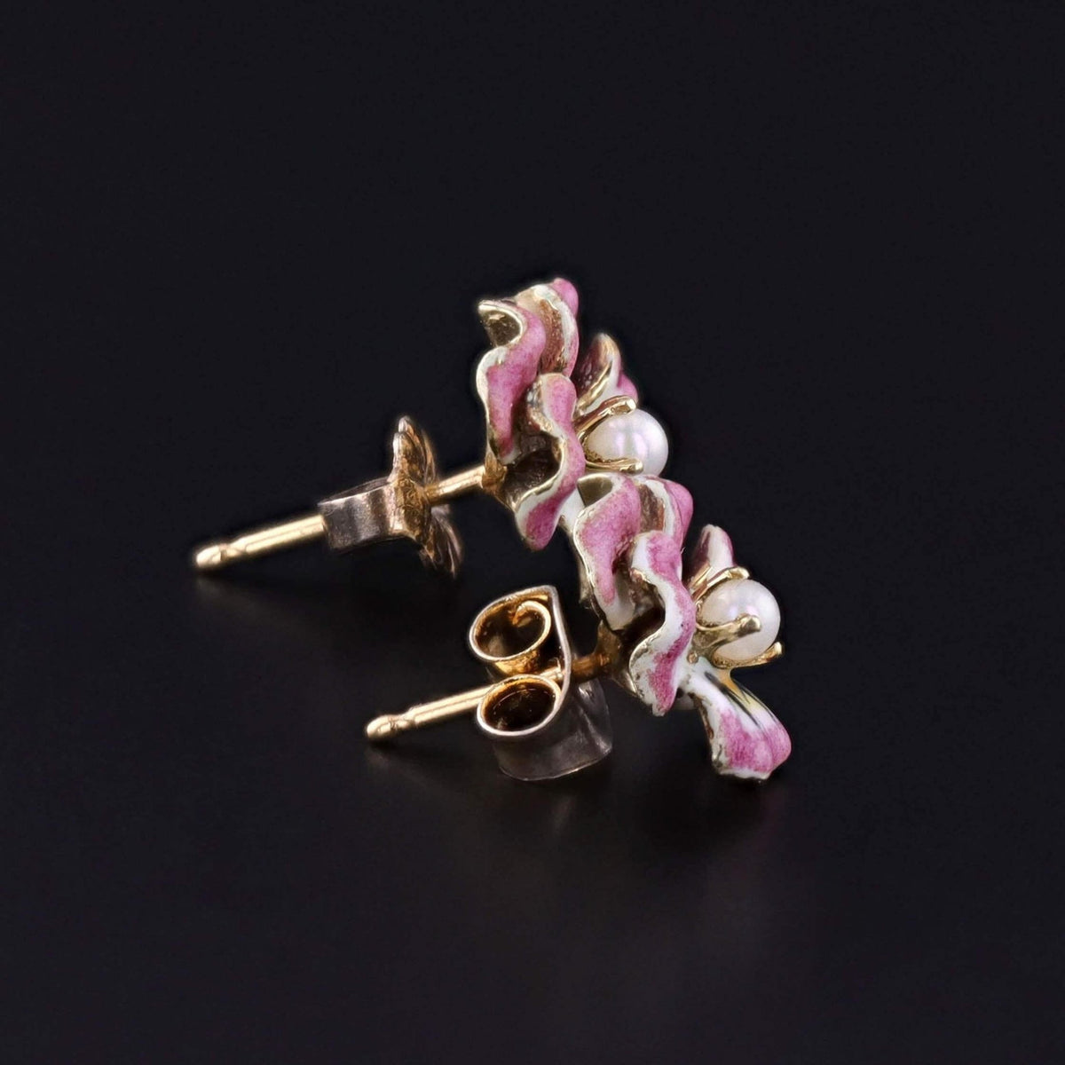 Vintage Pink Enamel Pansy Stud Earrings of 14k Gold - Trademark Antiques