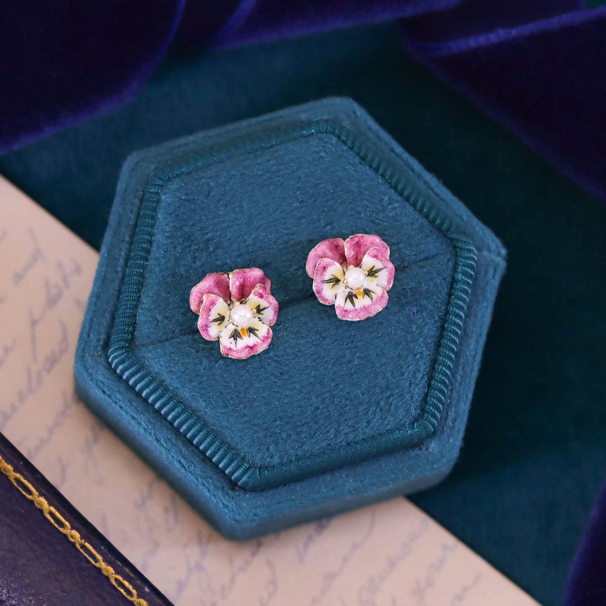 Vintage Pink Enamel Pansy Stud Earrings of 14k Gold - Trademark Antiques