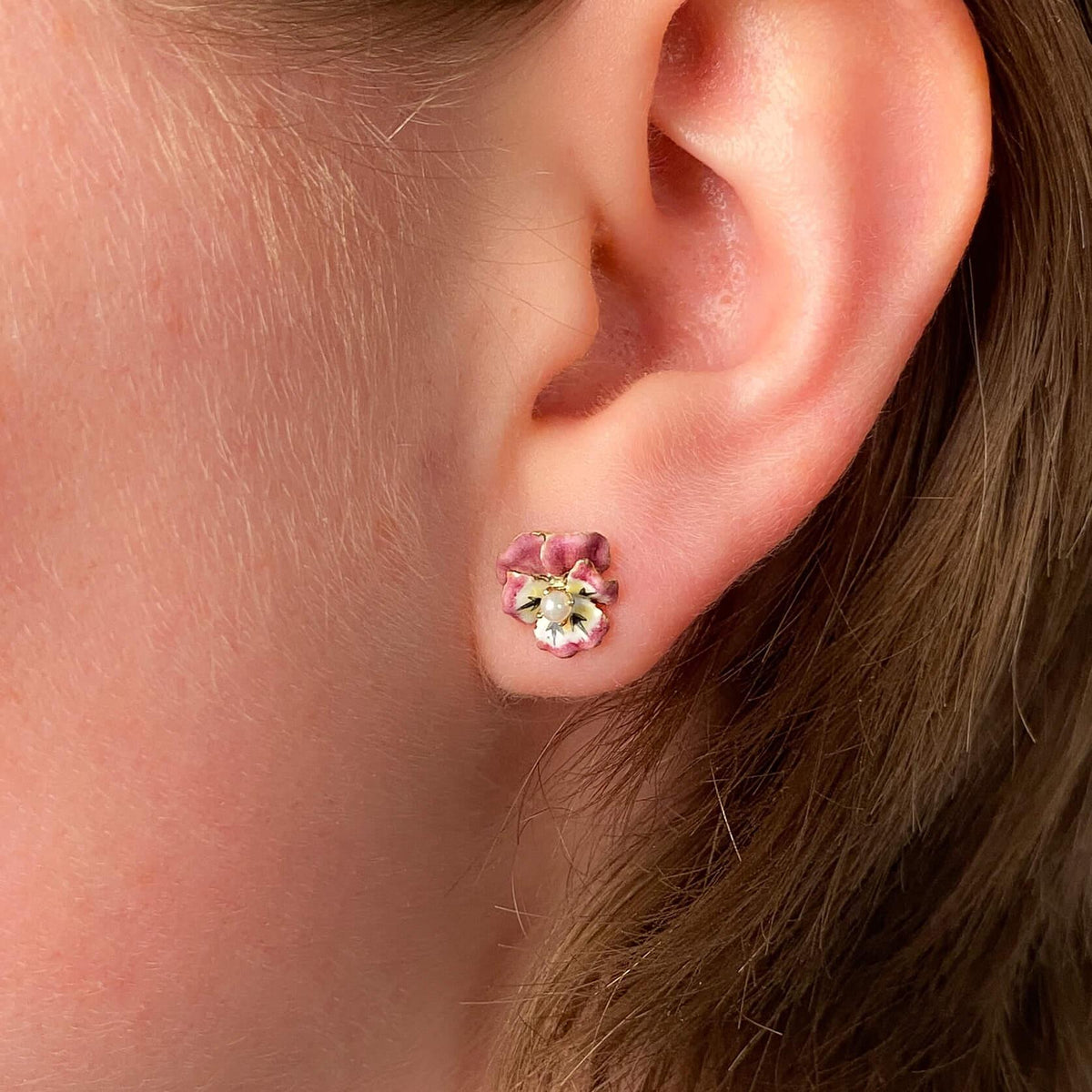 Vintage Pink Enamel Pansy Stud Earrings of 14k Gold - Trademark Antiques