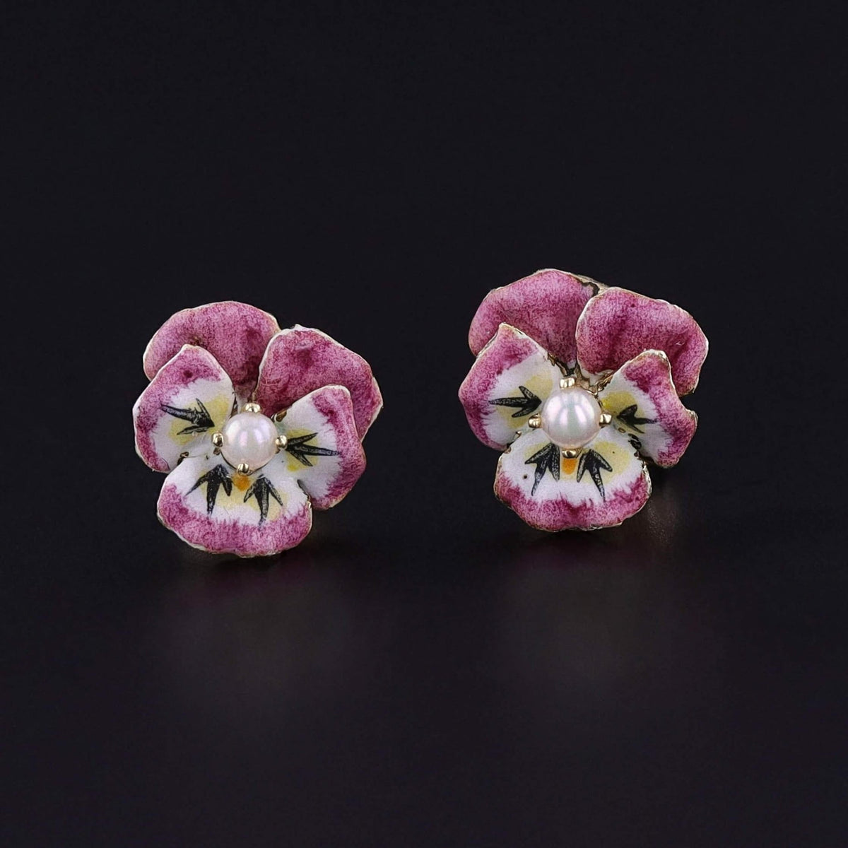 Vintage Pink Enamel Pansy Stud Earrings of 14k Gold - Trademark Antiques