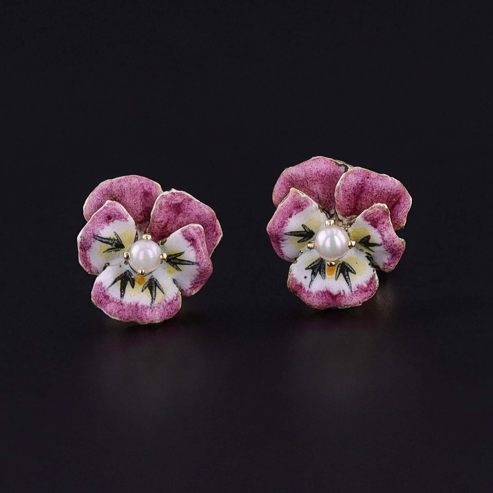 Vintage Pink Enamel Pansy Stud Earrings of 14k Gold - Trademark Antiques