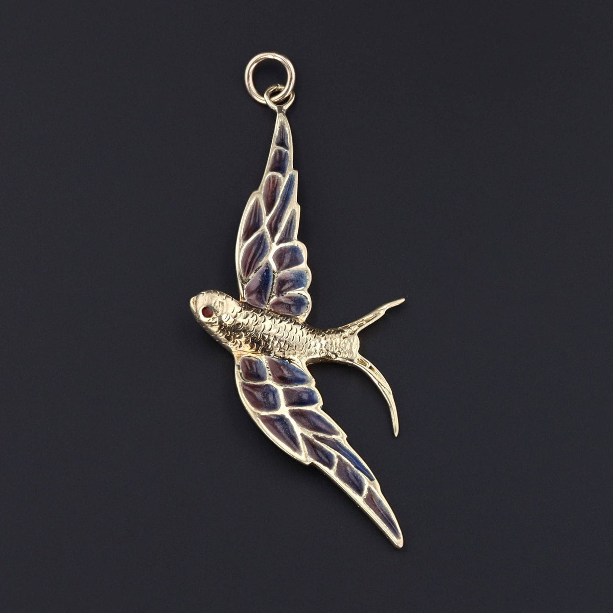 Vintage Plique a Jour Enamel Swallow Pendant of 14k Gold - Trademark Antiques