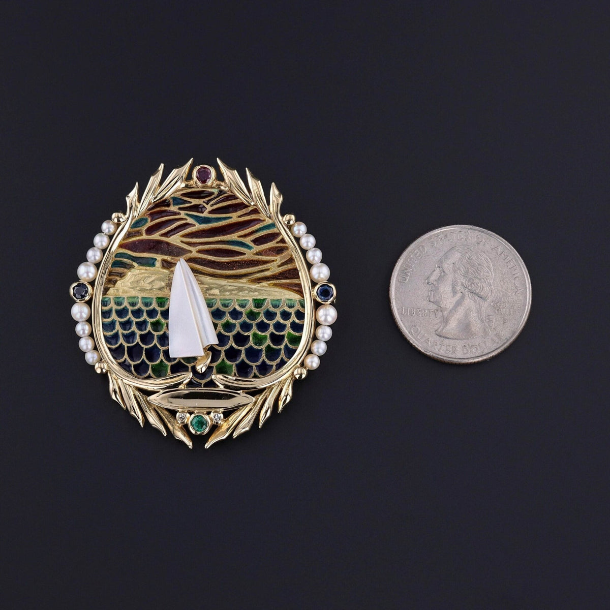 Vintage Plique a Jour Sailboat Brooch of 18k Gold - Trademark Antiques
