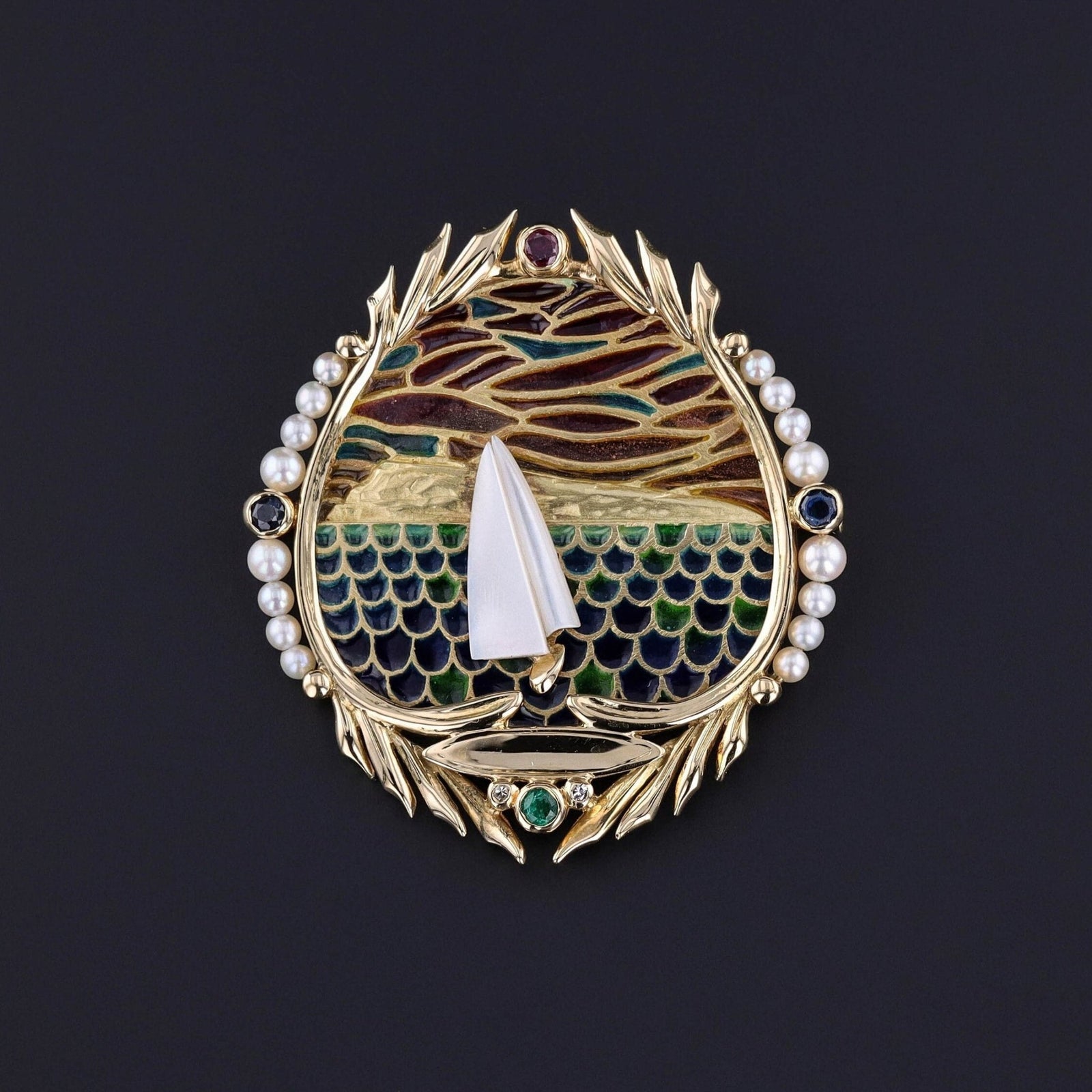 Vintage Plique a Jour Sailboat Brooch of 18k Gold - Trademark Antiques