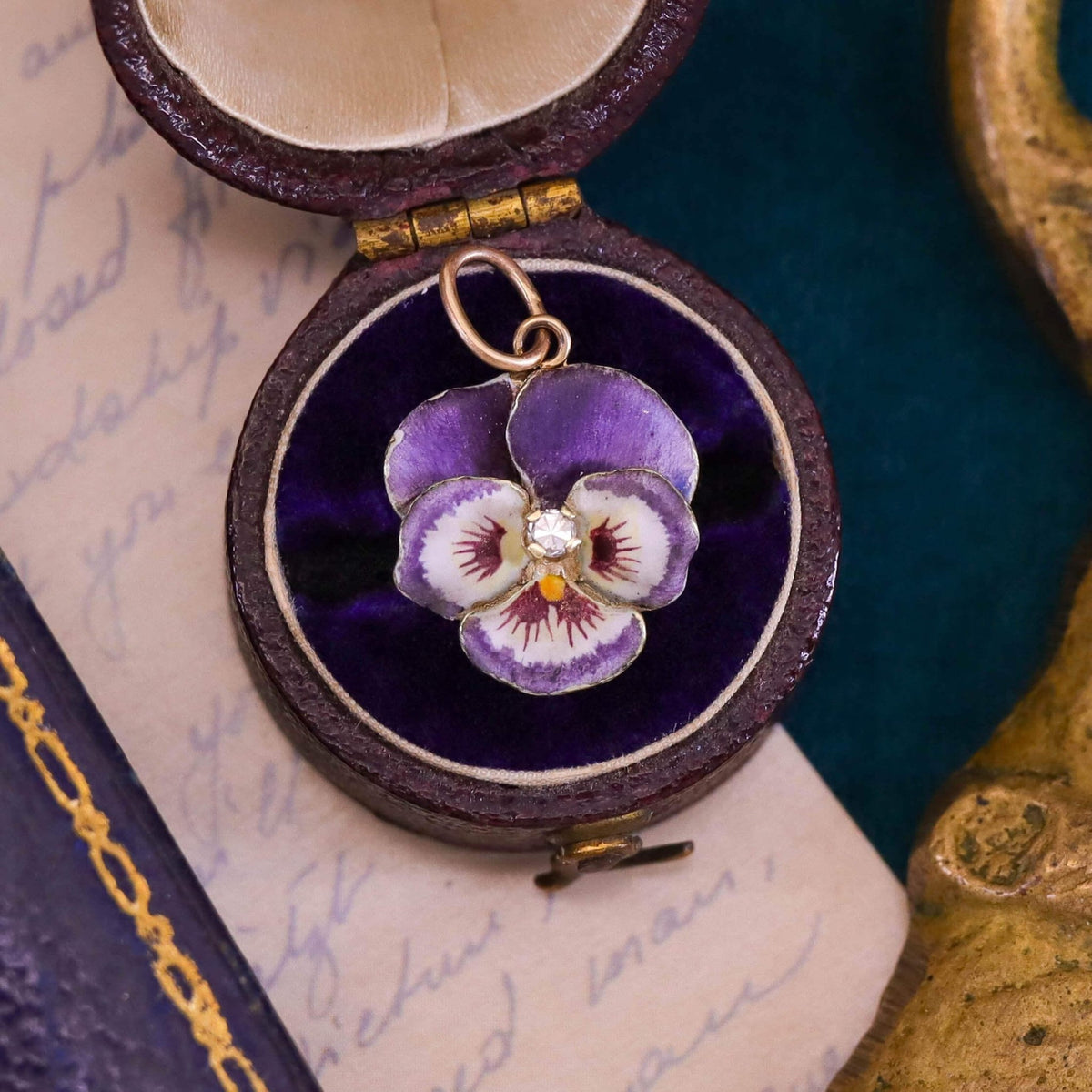 Vintage Purple Enamel Pansy Charm of 14k Gold - Trademark Antiques