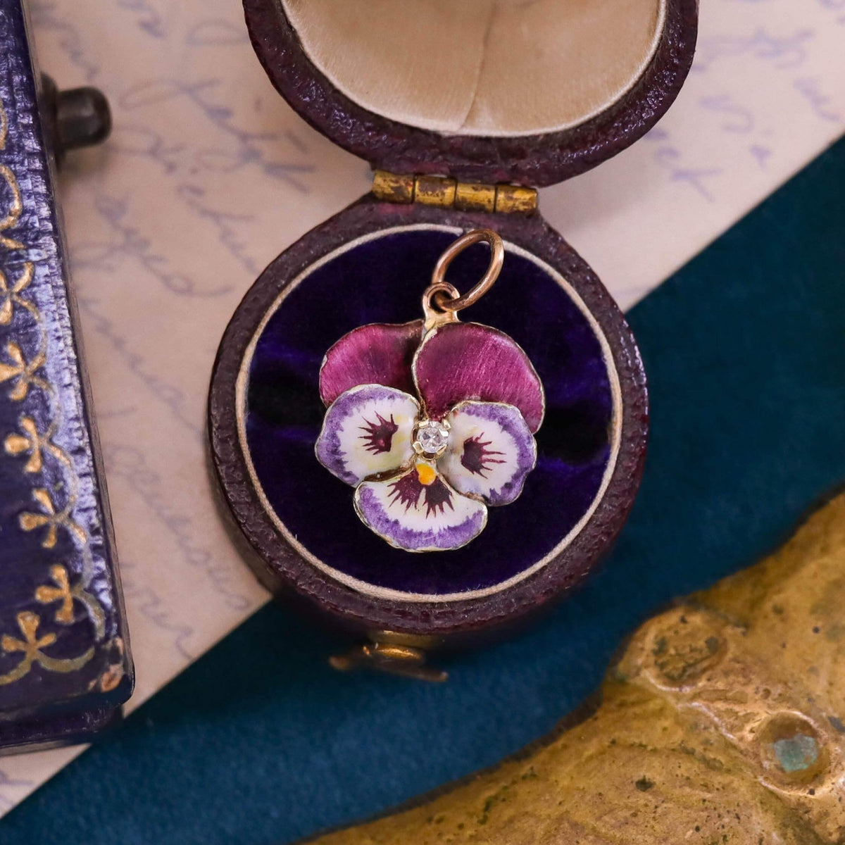 Vintage Purple Enamel Pansy Charm of 14k Gold - Trademark Antiques