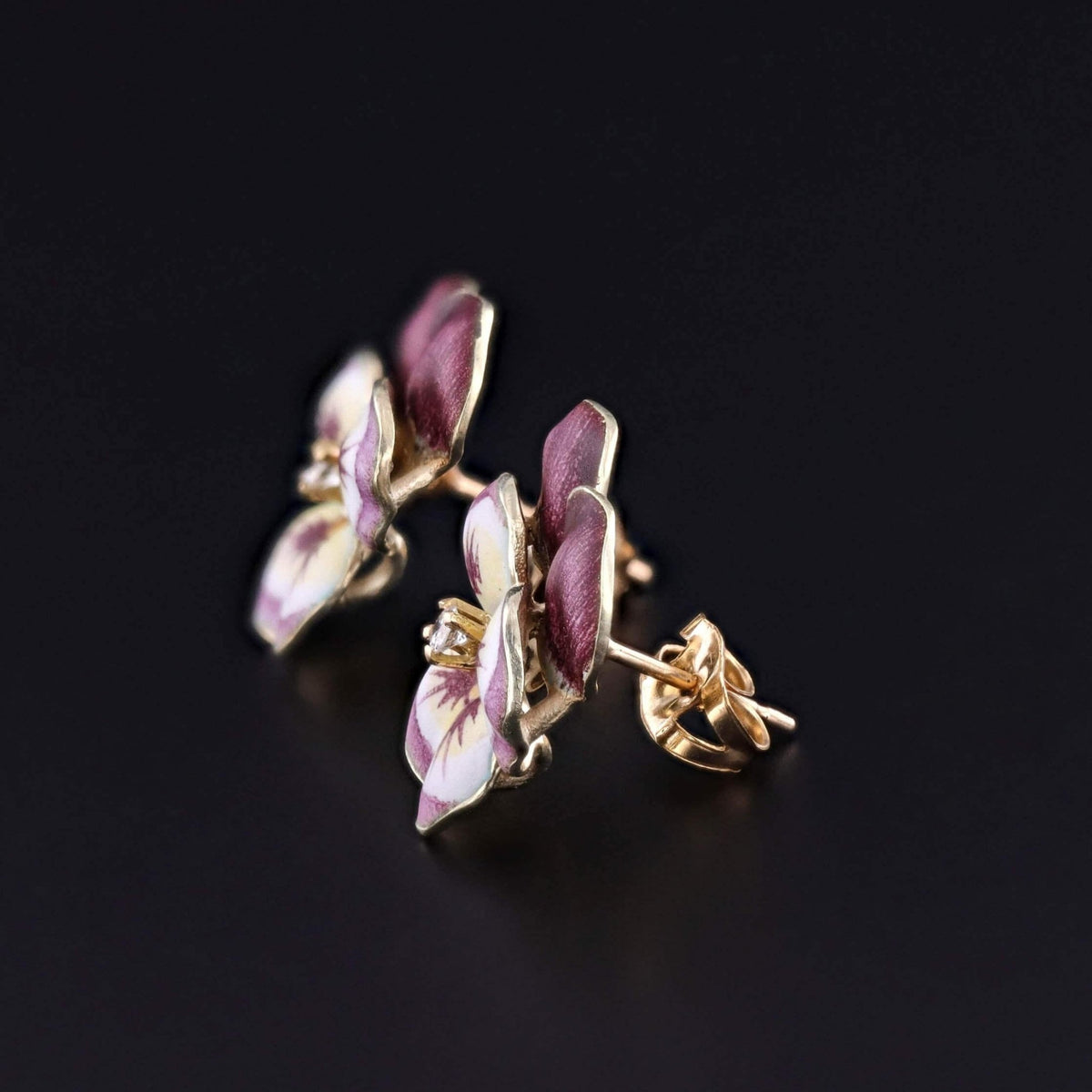 Vintage Purple Enamel Pansy Earrings of 14k Gold - Trademark Antiques