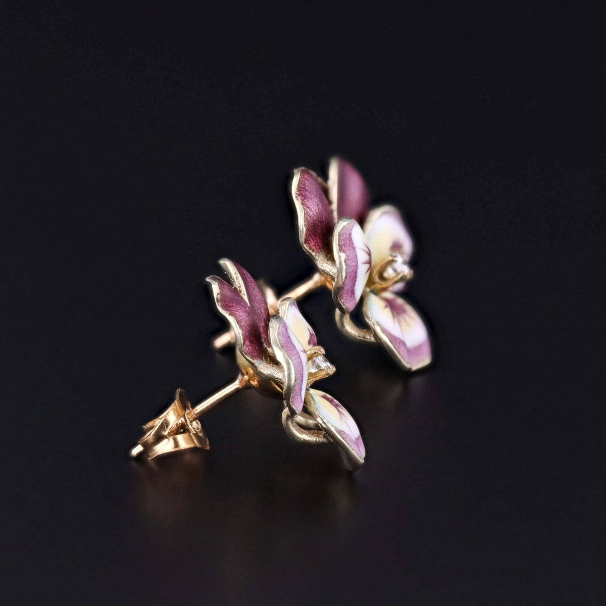 Vintage Purple Enamel Pansy Earrings of 14k Gold - Trademark Antiques