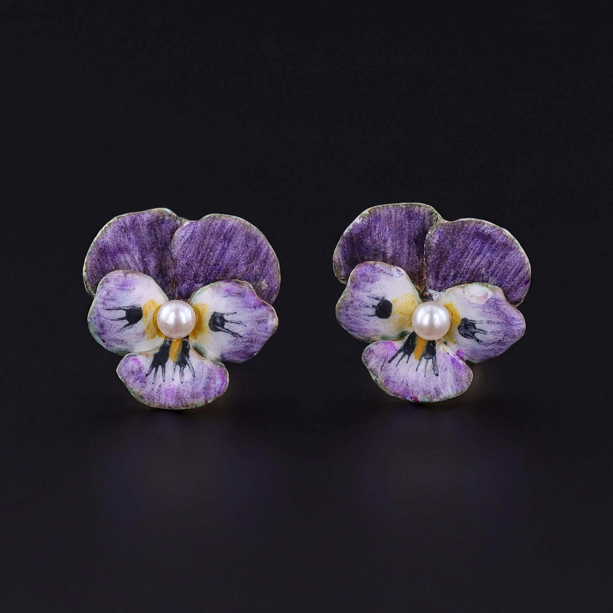 Vintage Purple Enamel Pansy Earrings of 14k Gold - Trademark Antiques