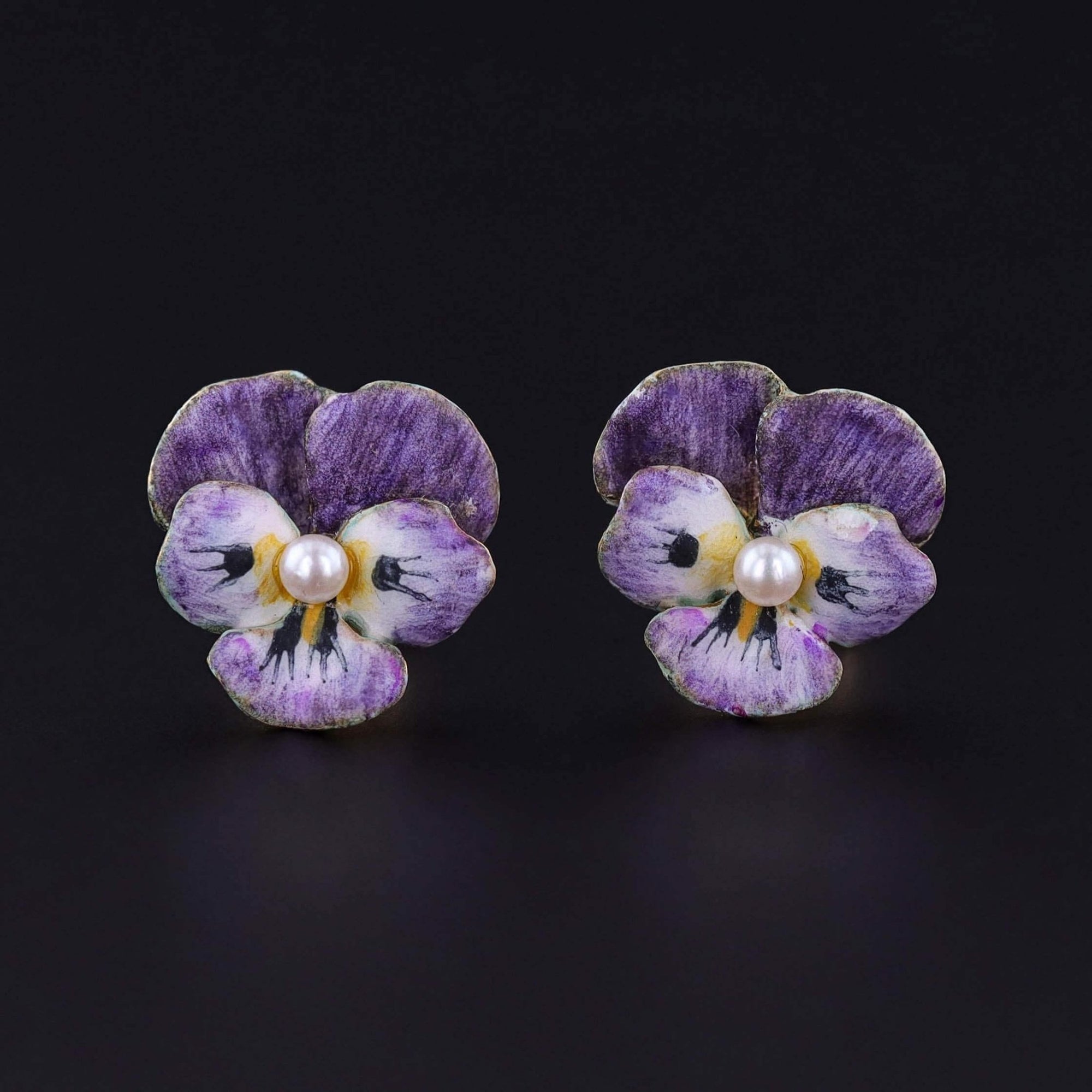 Vintage Purple Enamel Pansy Earrings of 14k Gold - Trademark Antiques