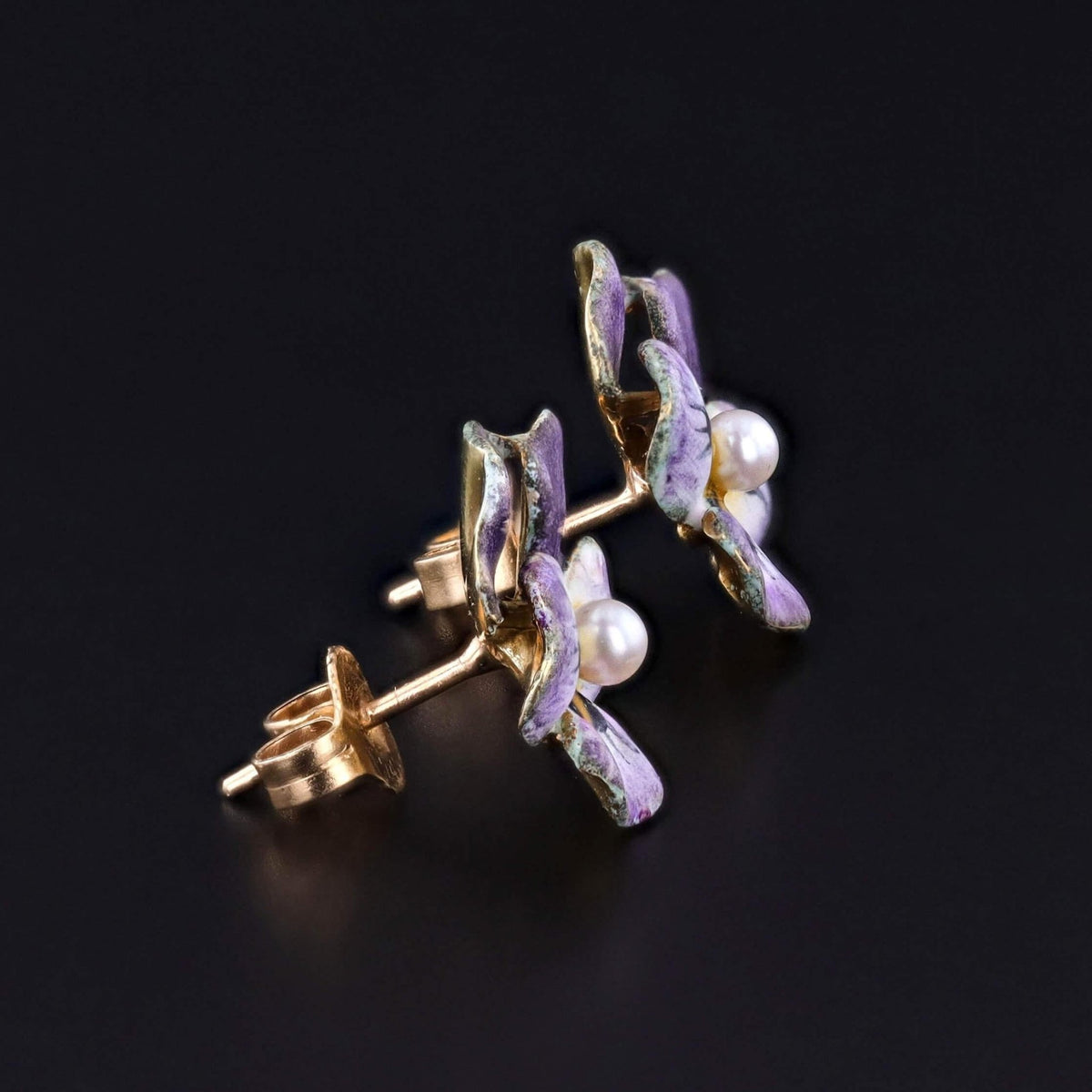Vintage Purple Enamel Pansy Earrings of 14k Gold - Trademark Antiques