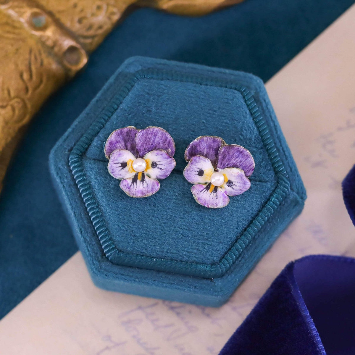 Vintage Purple Enamel Pansy Earrings of 14k Gold - Trademark Antiques
