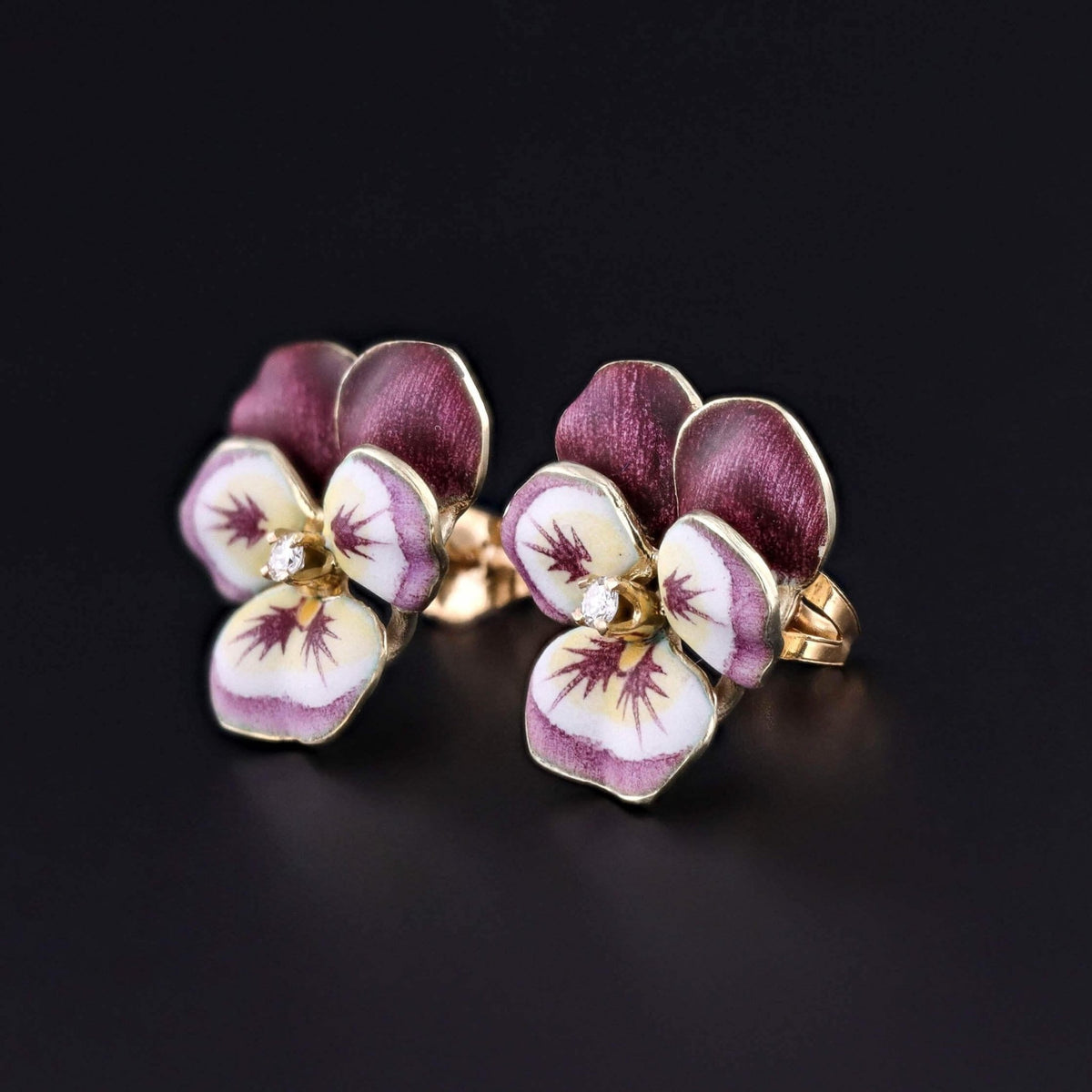 Vintage Purple Enamel Pansy Earrings of 14k Gold - Trademark Antiques