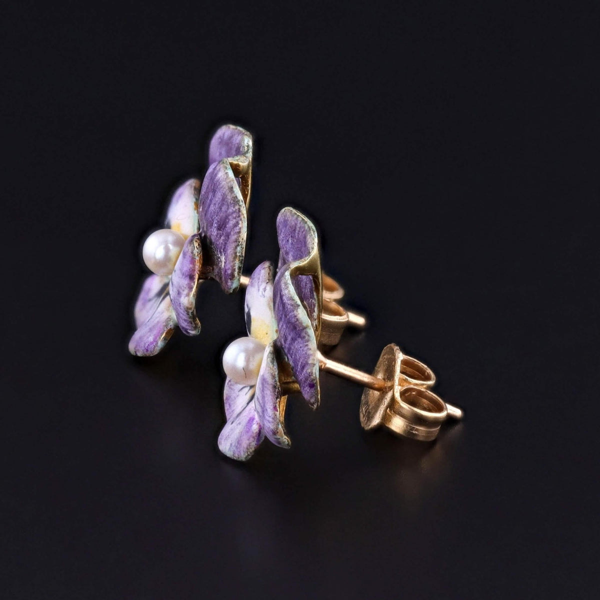 Vintage Purple Enamel Pansy Earrings of 14k Gold - Trademark Antiques