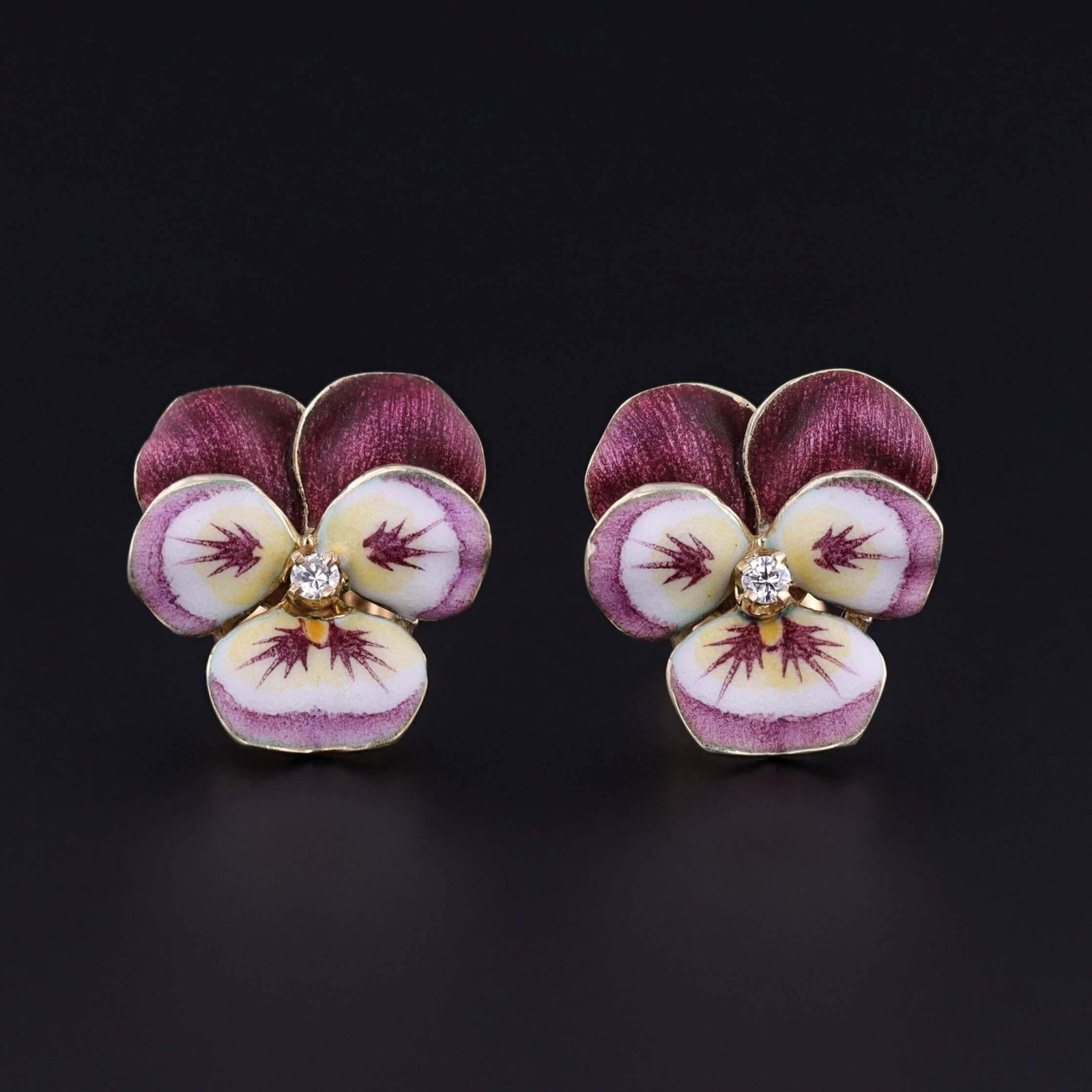 Vintage Purple Enamel Pansy Earrings of 14k Gold - Trademark Antiques