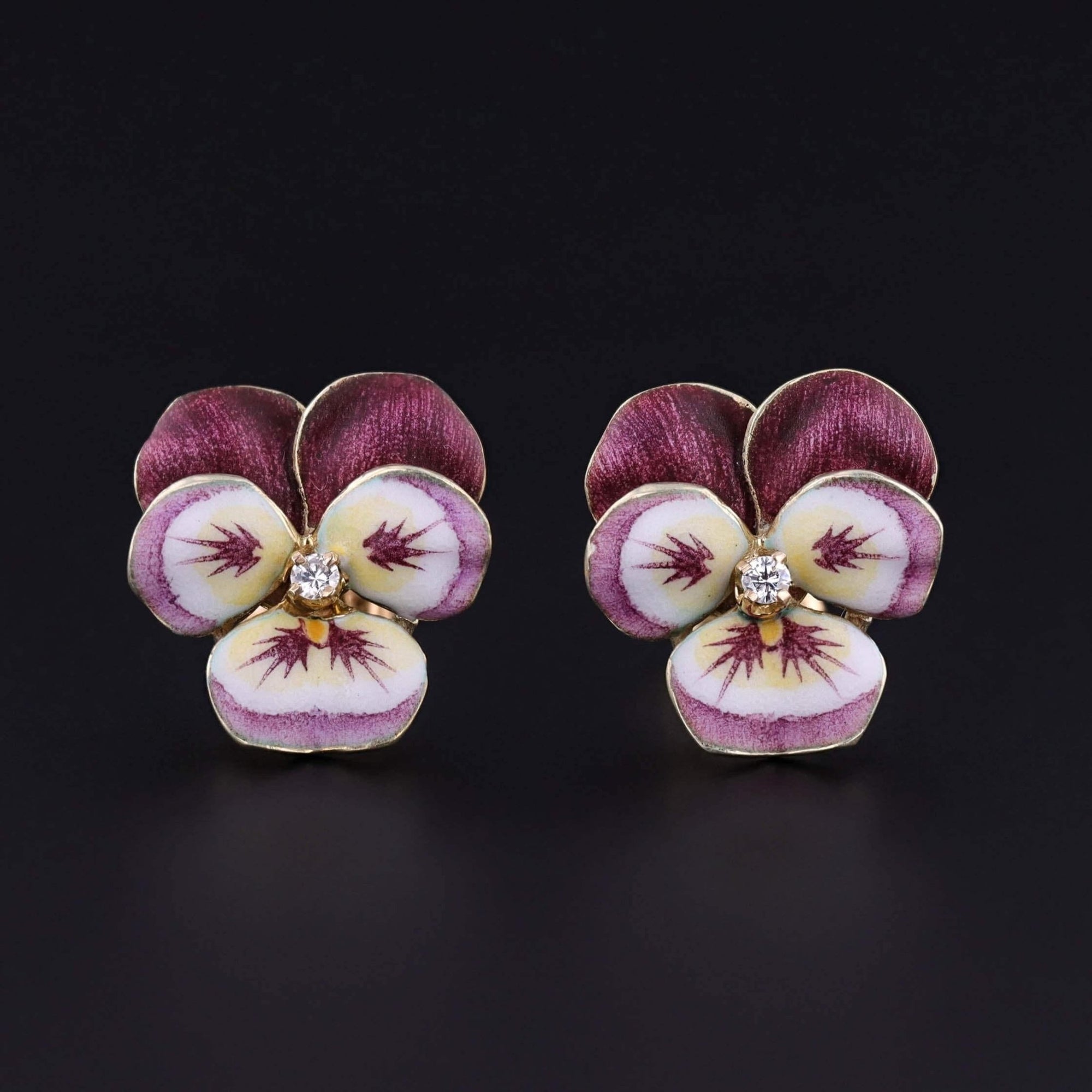 Vintage Purple Enamel Pansy Earrings of 14k Gold - Trademark Antiques