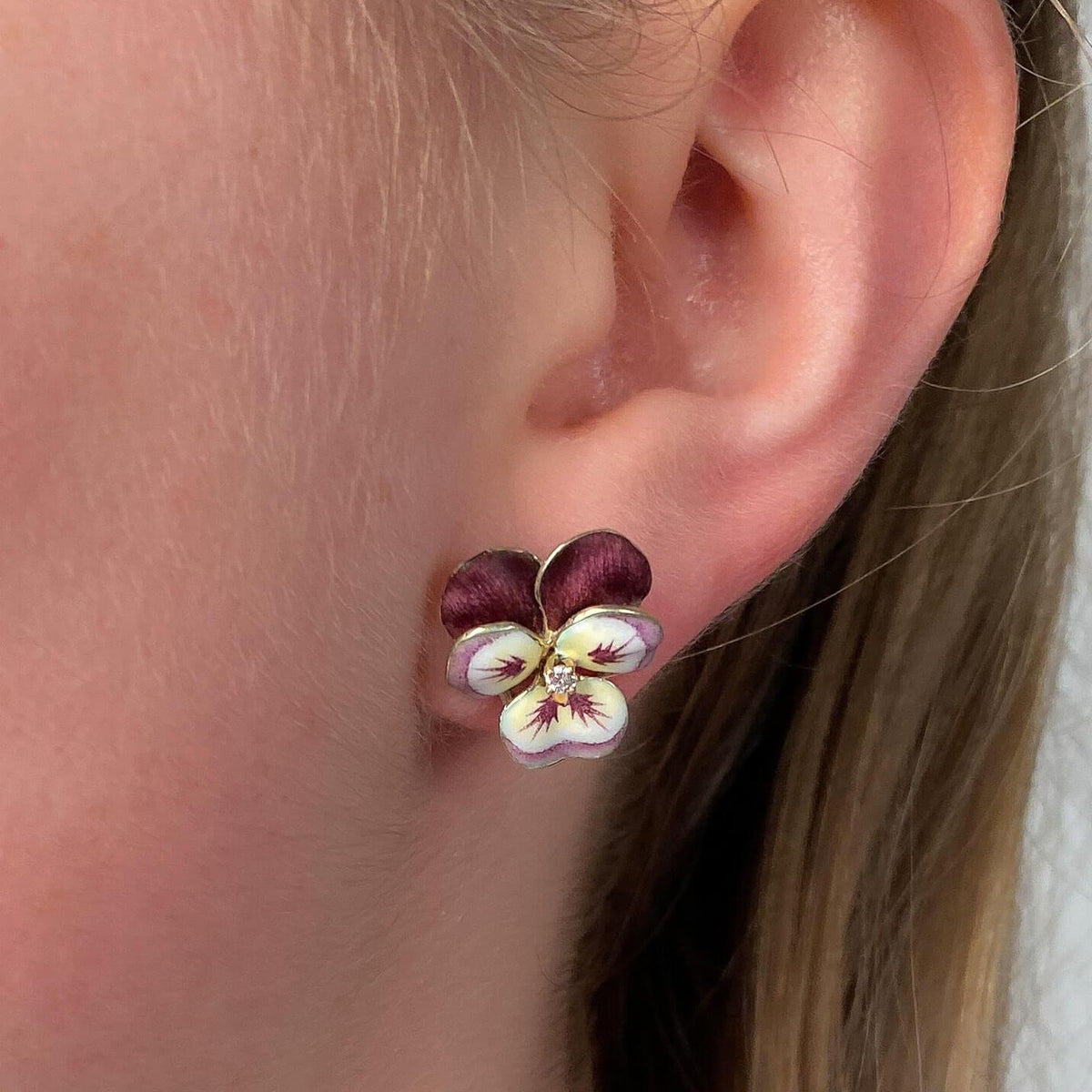 Vintage Purple Enamel Pansy Earrings of 14k Gold - Trademark Antiques