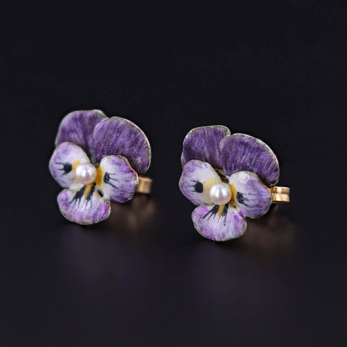 Vintage Purple Enamel Pansy Earrings of 14k Gold - Trademark Antiques