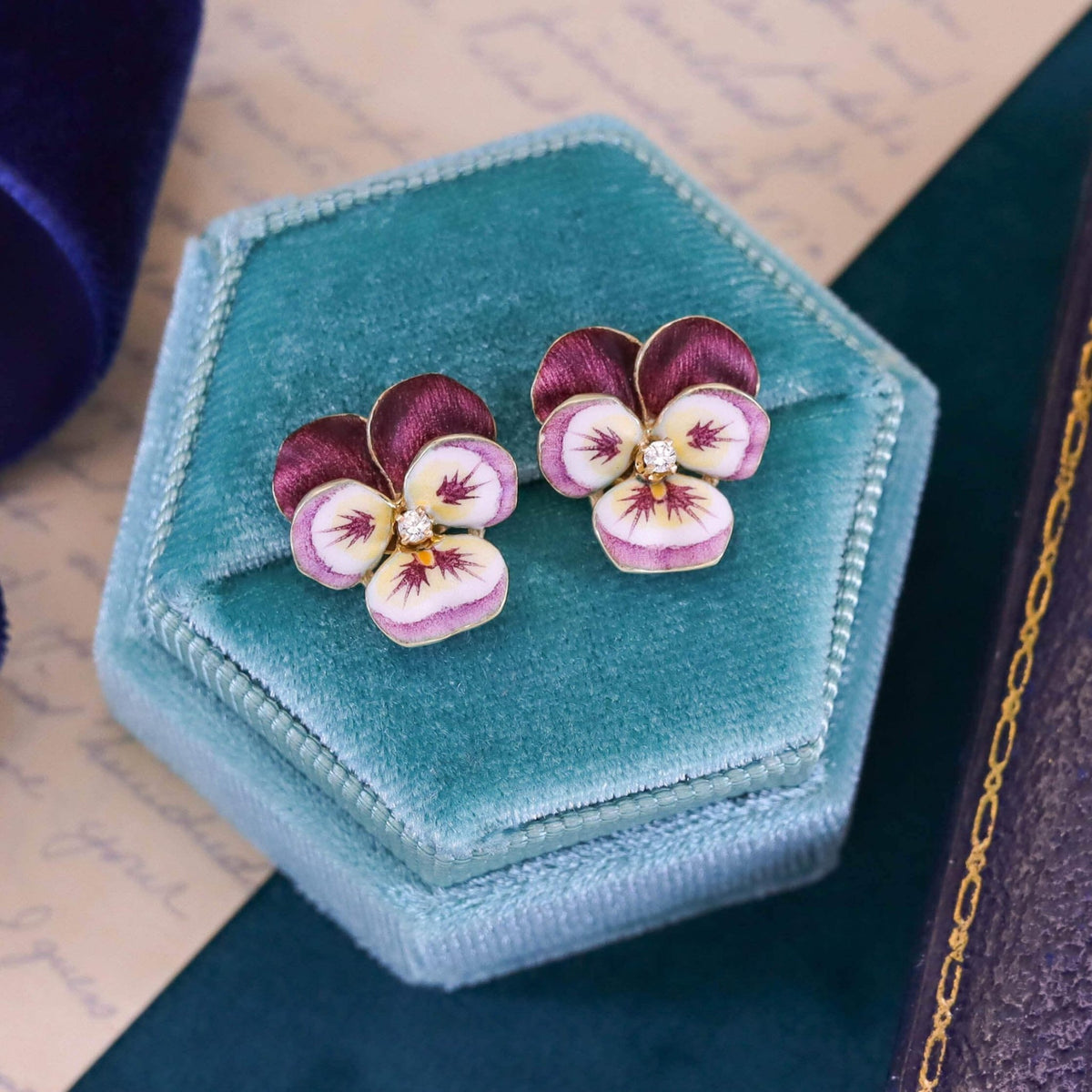 Vintage Purple Enamel Pansy Earrings of 14k Gold - Trademark Antiques