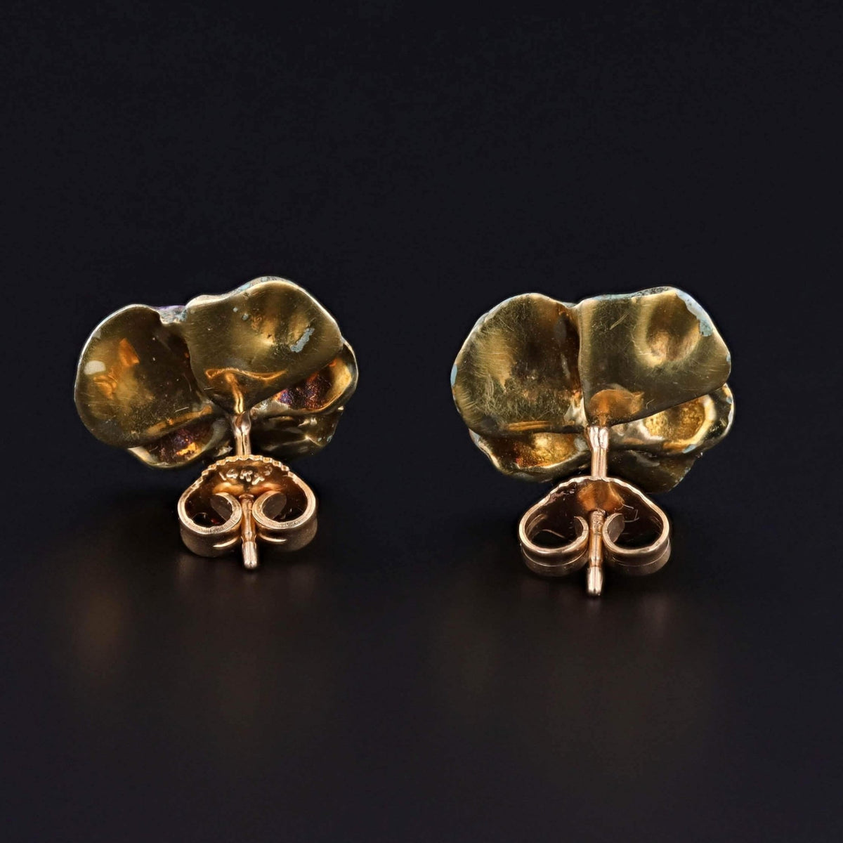 Vintage Purple Enamel Pansy Earrings of 14k Gold - Trademark Antiques