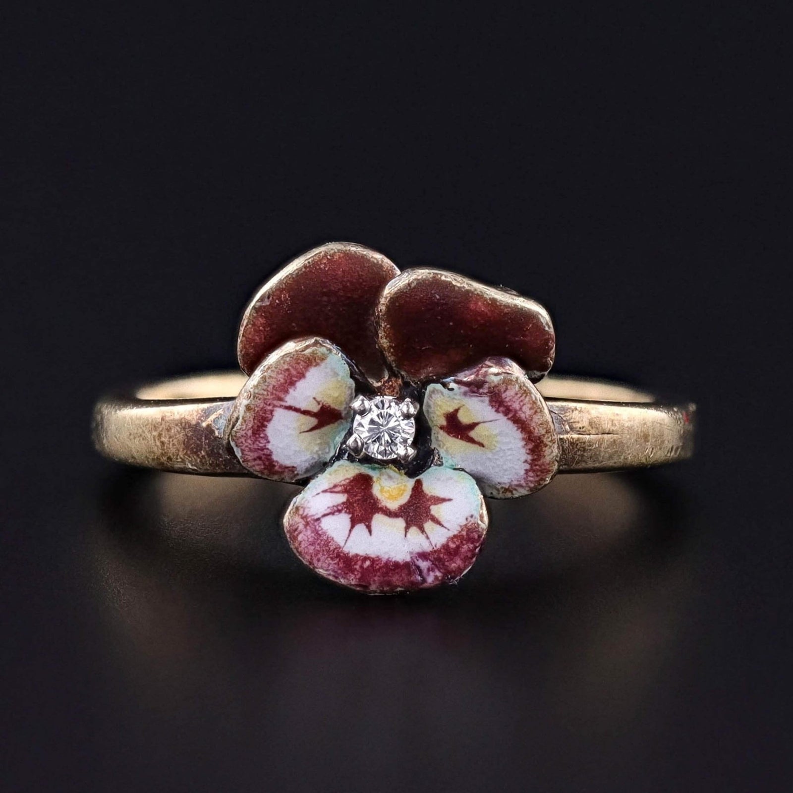 Vintage Purple Enamel Pansy Ring of 14k Gold - Trademark Antiques