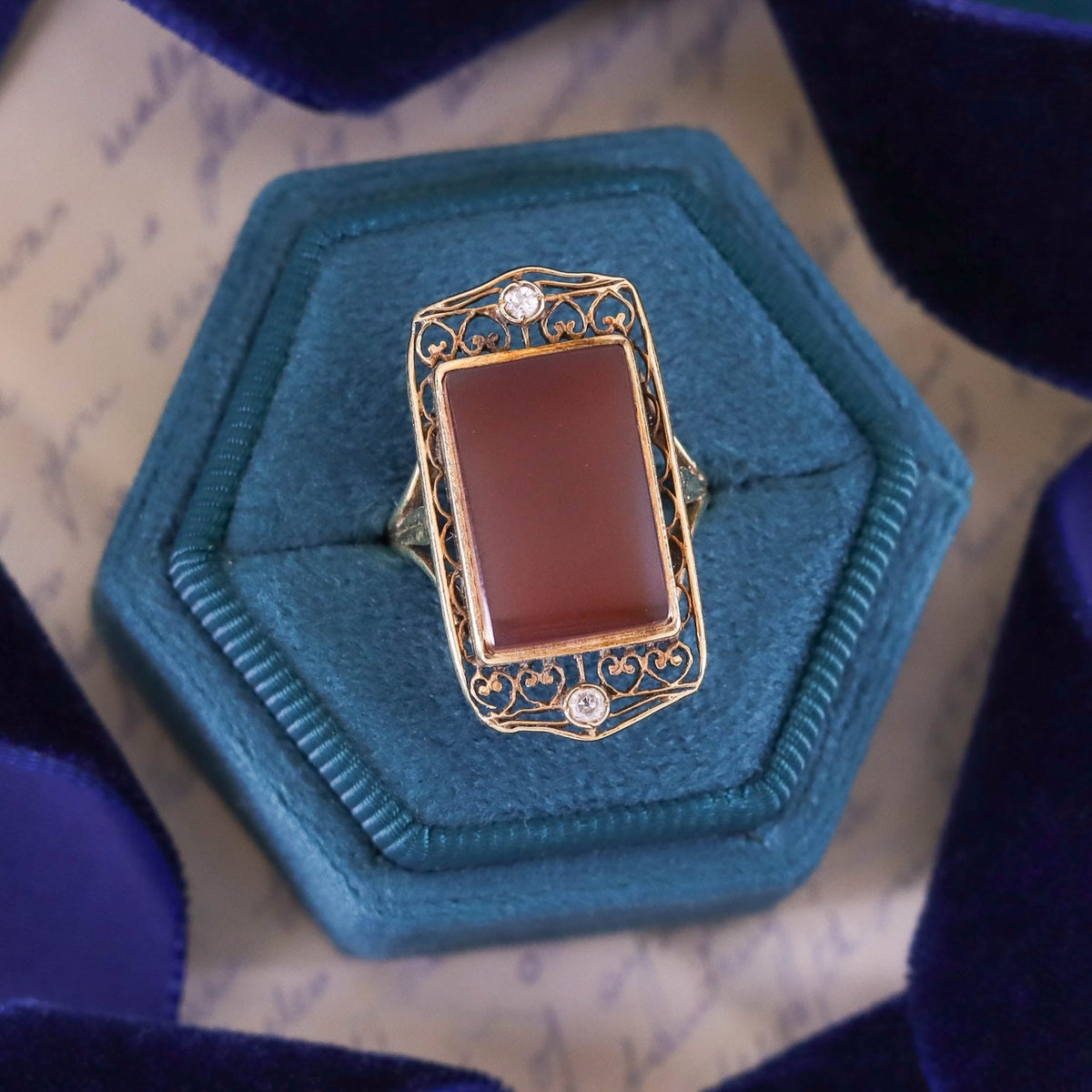 Vintage Red Agate and Diamond Filigree Ring of 14k Gold - Trademark Antiques