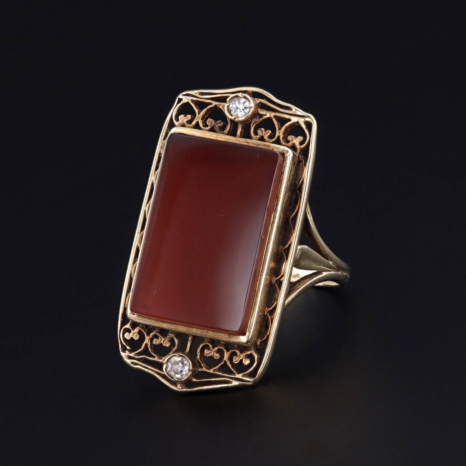 Vintage Red Agate and Diamond Filigree Ring of 14k Gold - Trademark Antiques