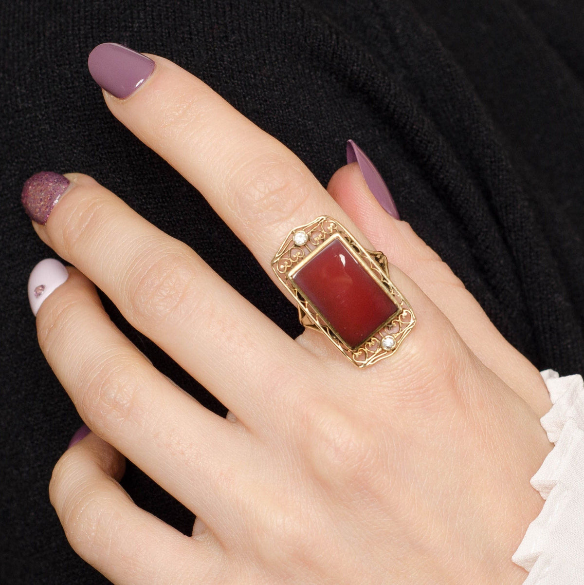 Vintage Red Agate and Diamond Filigree Ring of 14k Gold - Trademark Antiques