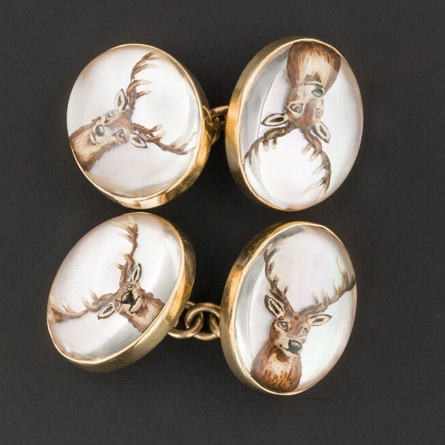 Vintage Reverse Carved Crystal Deer Cufflinks of 14k Gold - Trademark Antiques