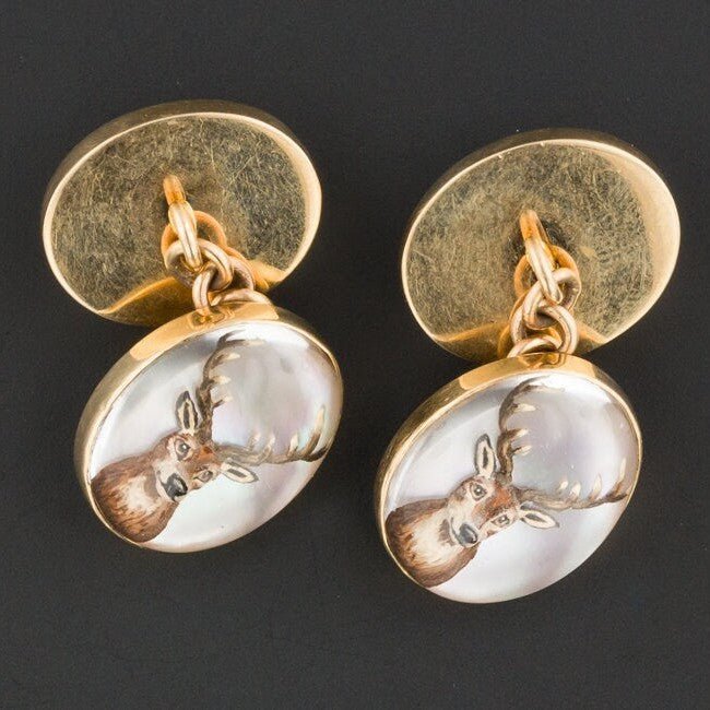 Vintage Reverse Carved Crystal Deer Cufflinks of 14k Gold - Trademark Antiques