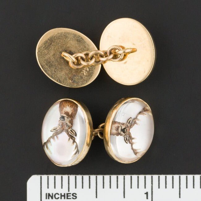 Vintage Reverse Carved Crystal Deer Cufflinks of 14k Gold - Trademark Antiques