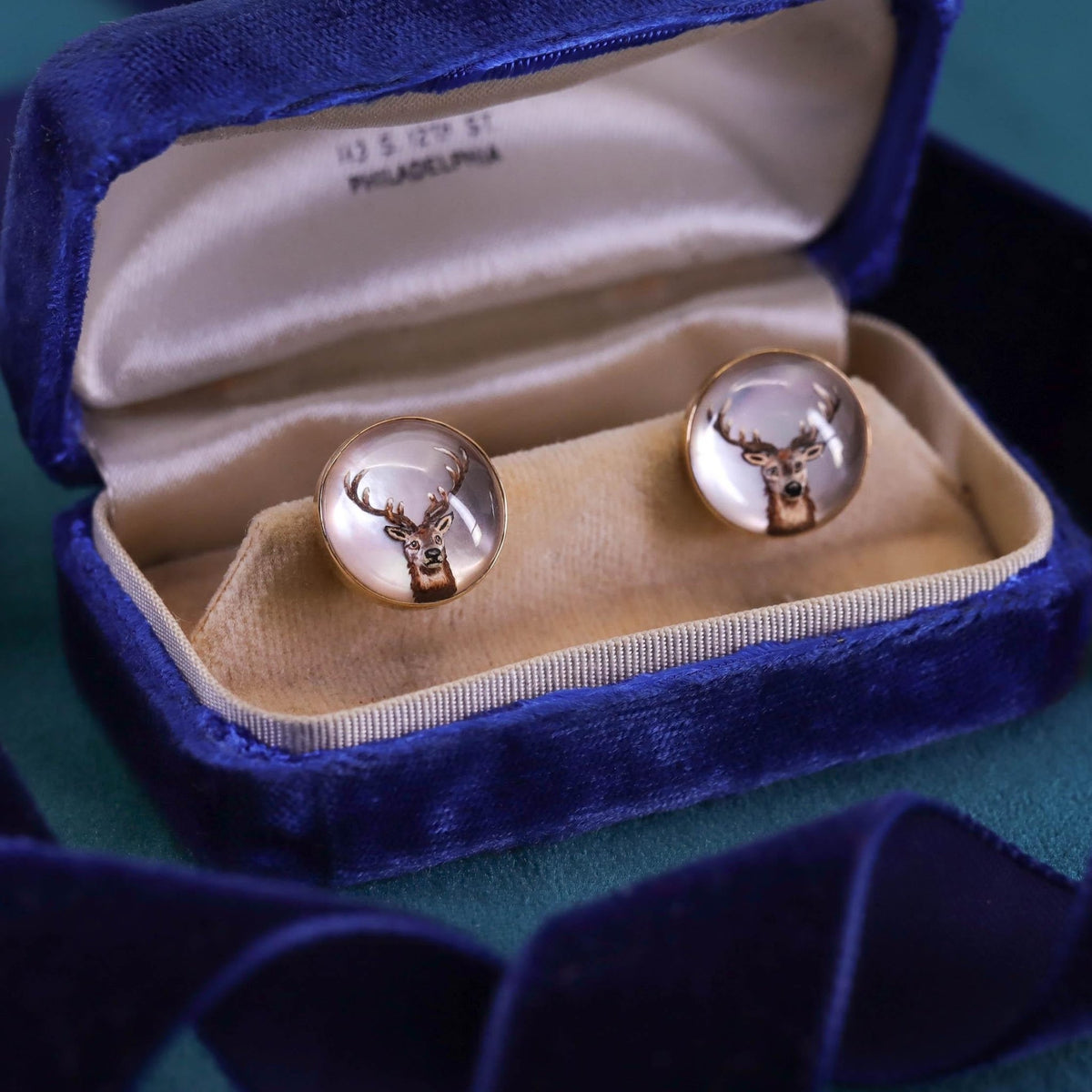 Vintage Reverse Painted Crystal Deer Cufflinks of 14k Gold - Trademark Antiques