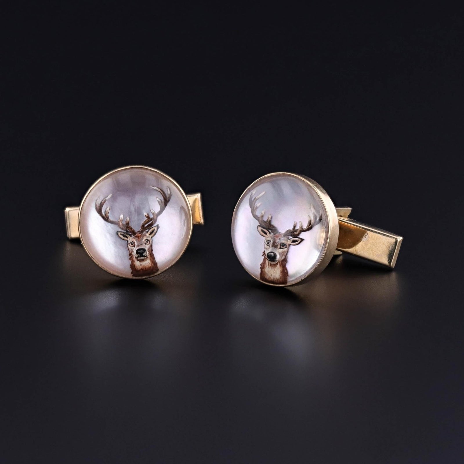 Vintage Reverse Painted Crystal Deer Cufflinks of 14k Gold - Trademark Antiques