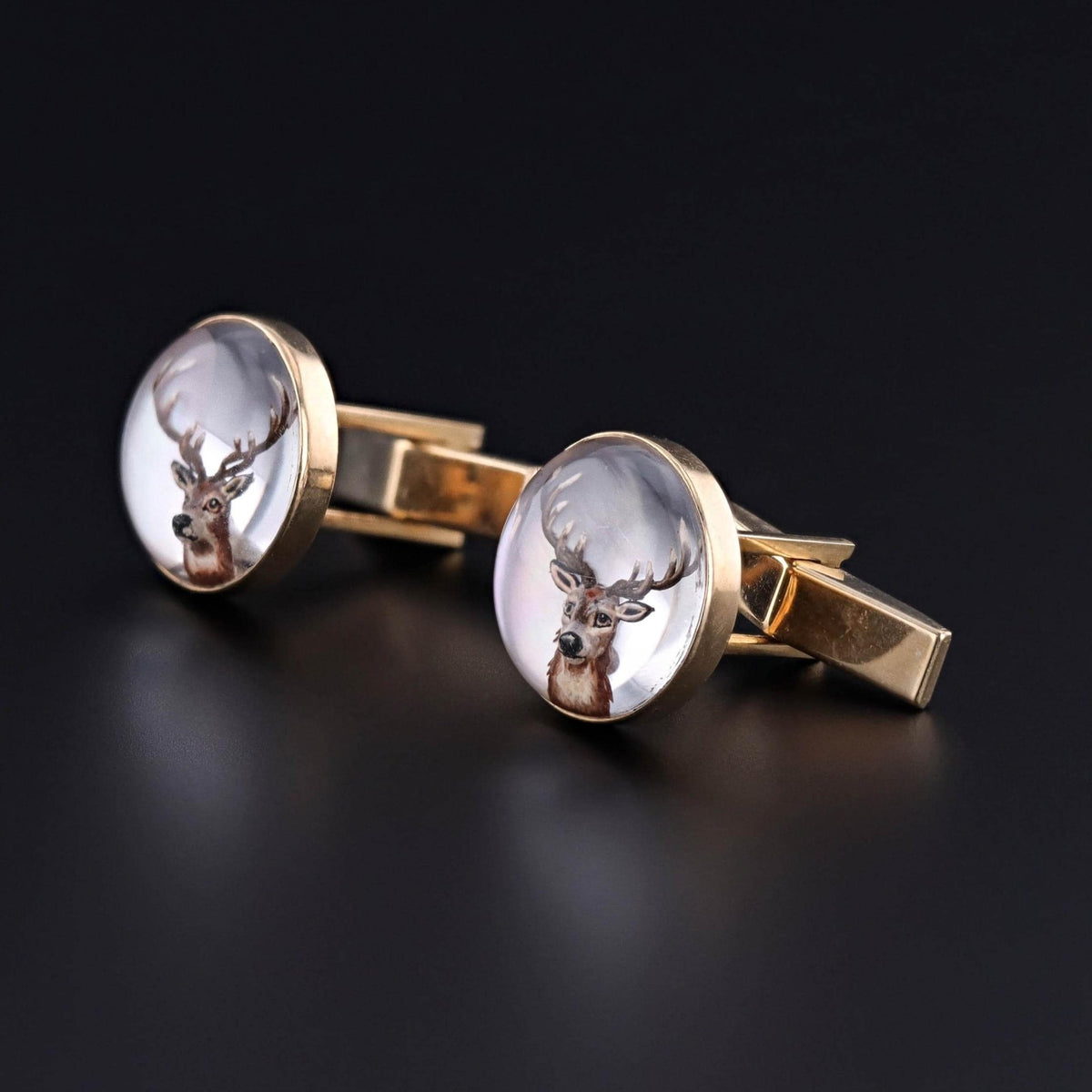 Vintage Reverse Painted Crystal Deer Cufflinks of 14k Gold - Trademark Antiques