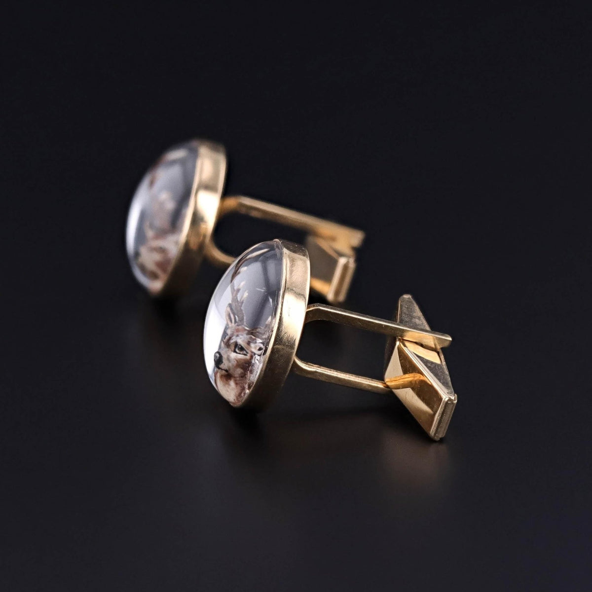 Vintage Reverse Painted Crystal Deer Cufflinks of 14k Gold - Trademark Antiques