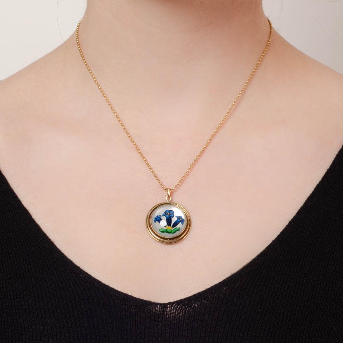 Vintage Reverse Painted Crystal Flower Pendant of 14k Gold - Trademark Antiques