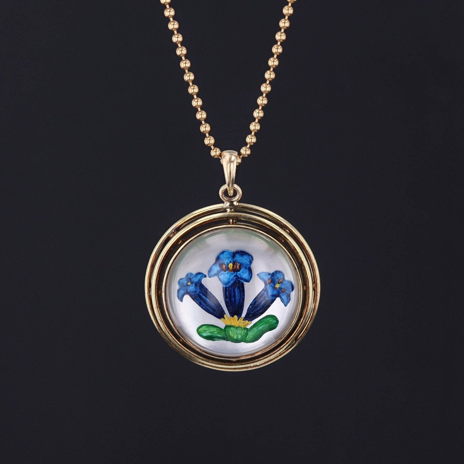 Vintage Reverse Painted Crystal Flower Pendant of 14k Gold - Trademark Antiques