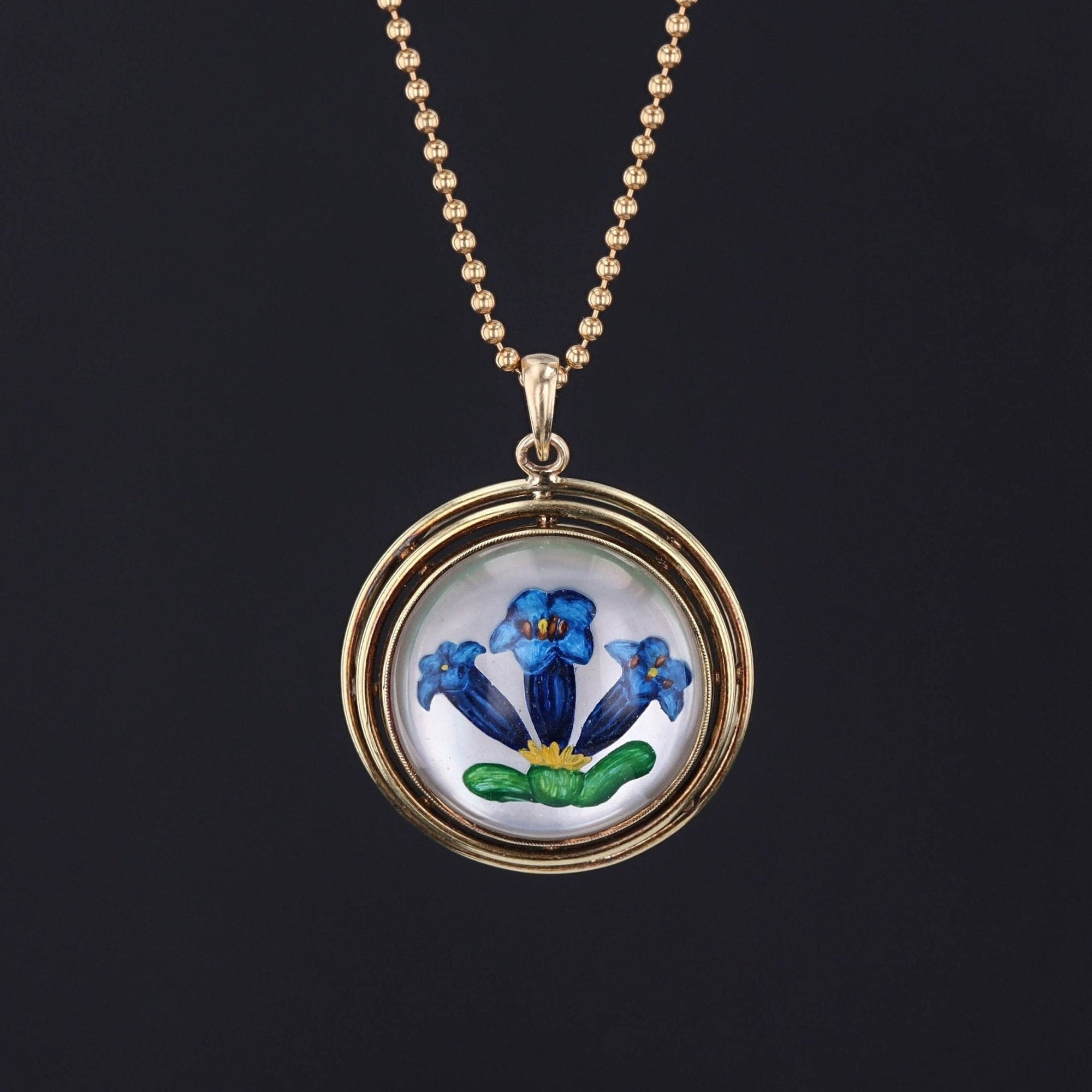 Vintage Reverse Painted Crystal Flower Pendant of 14k Gold - Trademark Antiques