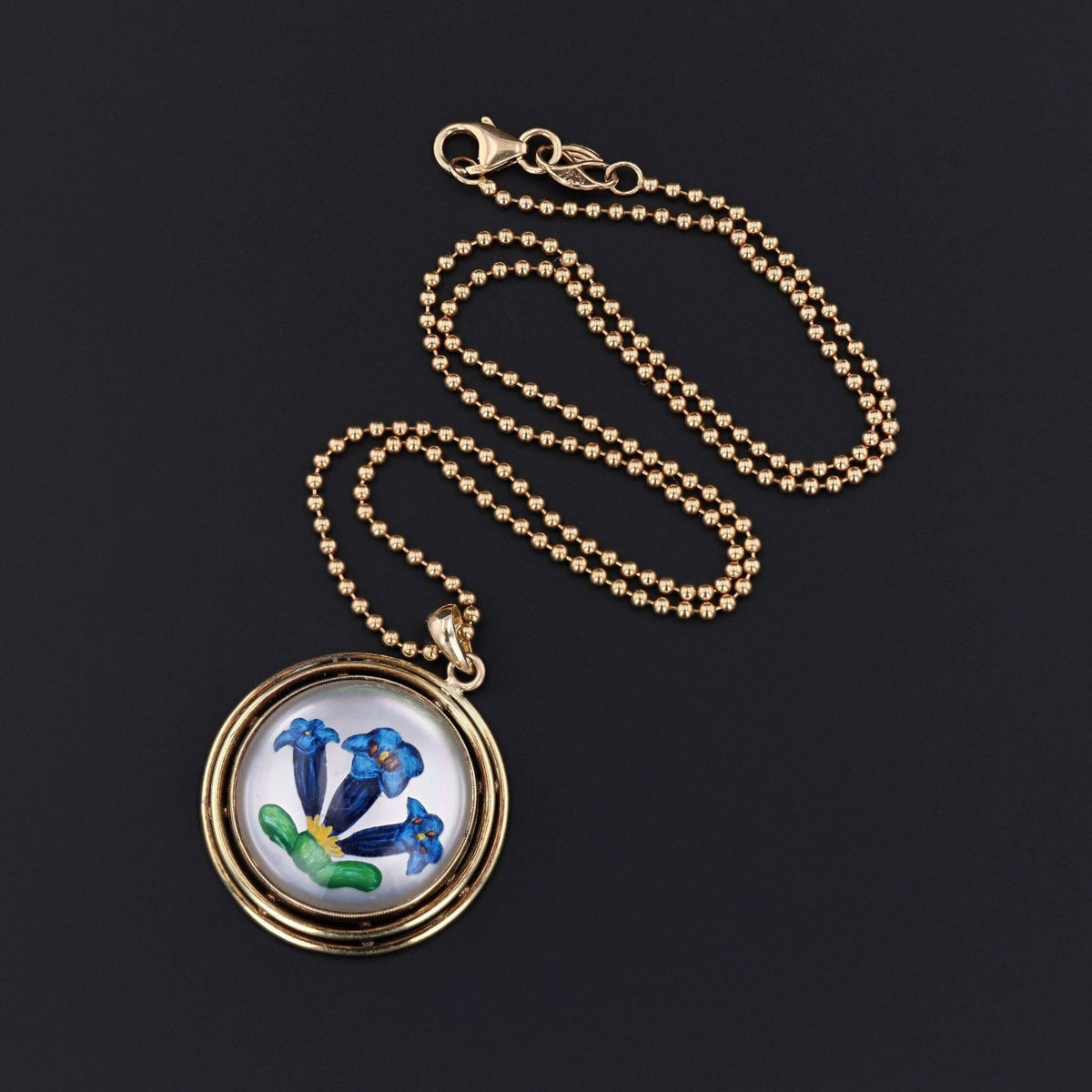 Vintage Reverse Painted Crystal Flower Pendant of 14k Gold - Trademark Antiques