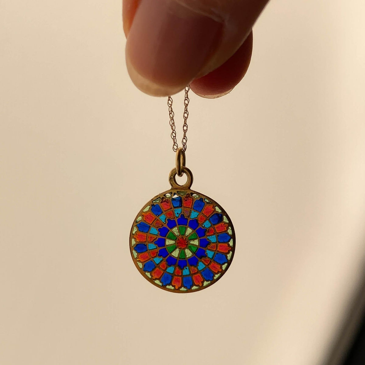 Vintage Rose Window Plique - a - jour Enamel Charm of 18k Gold - Trademark Antiques
