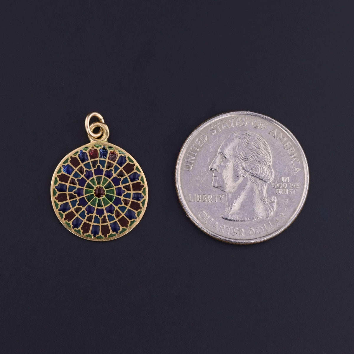 Vintage Rose Window Plique - a - jour Enamel Charm of 18k Gold - Trademark Antiques