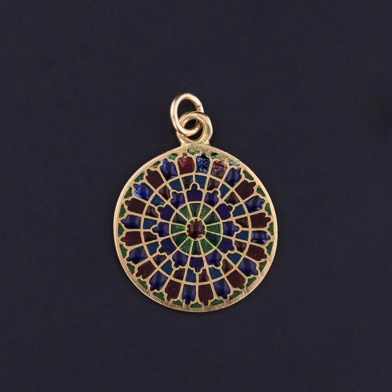 Vintage Rose Window Plique - a - jour Enamel Charm of 18k Gold - Trademark Antiques