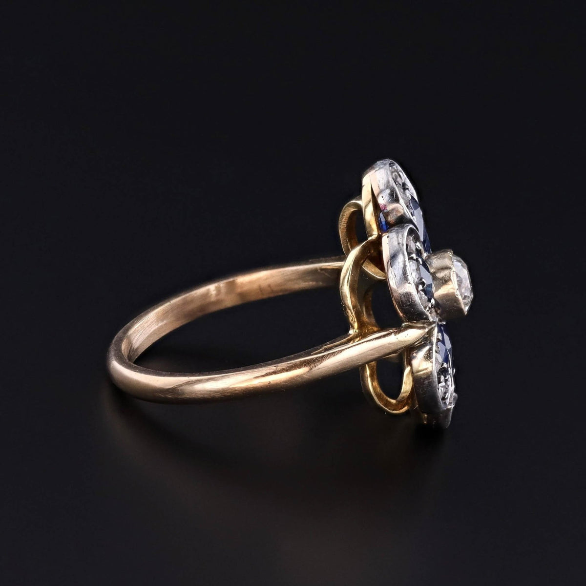 Vintage Sapphire and Diamond Flower Ring of Silver Topped 15ct Gold - Trademark Antiques
