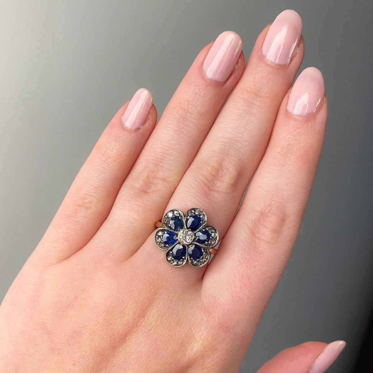 Vintage Sapphire and Diamond Flower Ring of Silver Topped 15ct Gold - Trademark Antiques