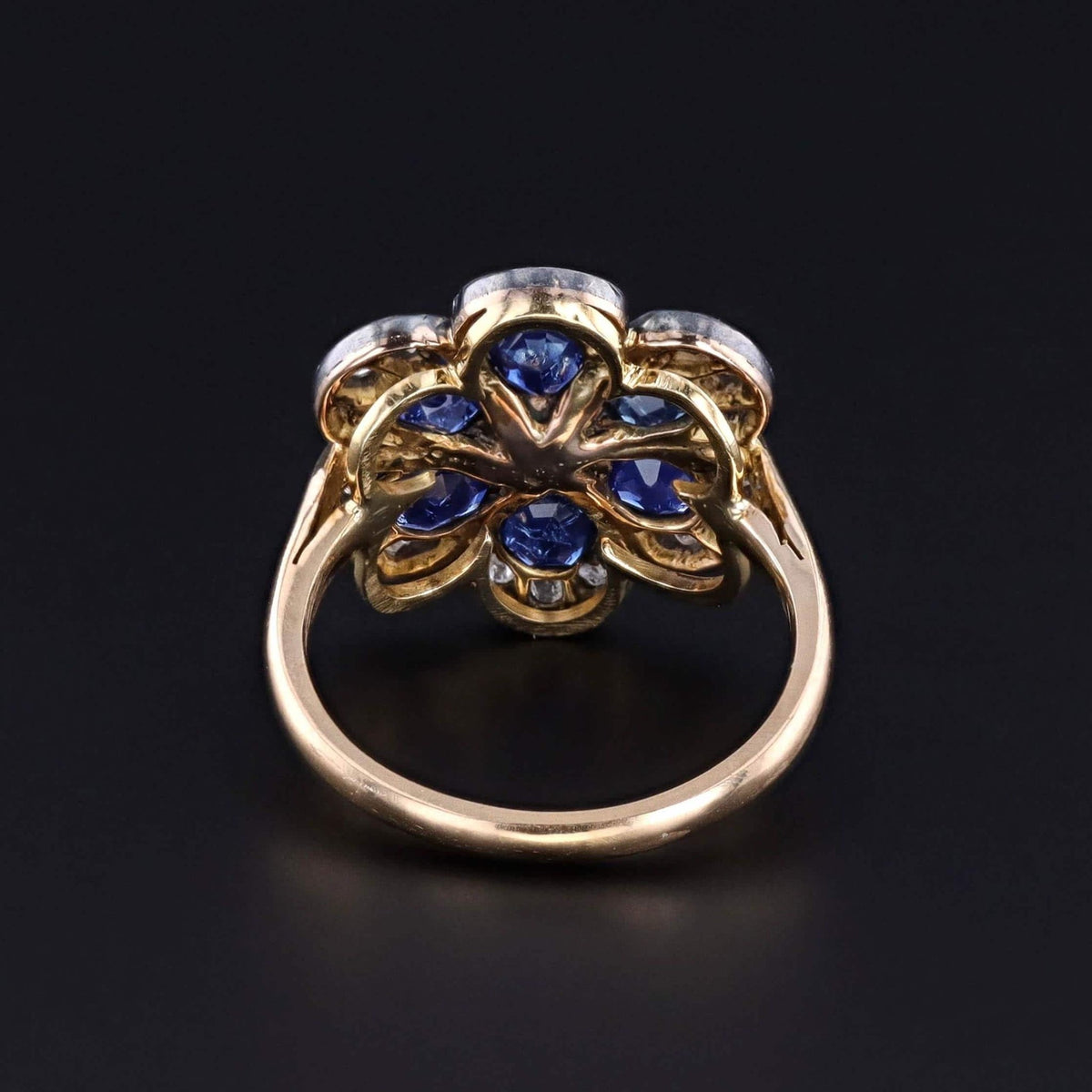 Vintage Sapphire and Diamond Flower Ring of Silver Topped 15ct Gold - Trademark Antiques