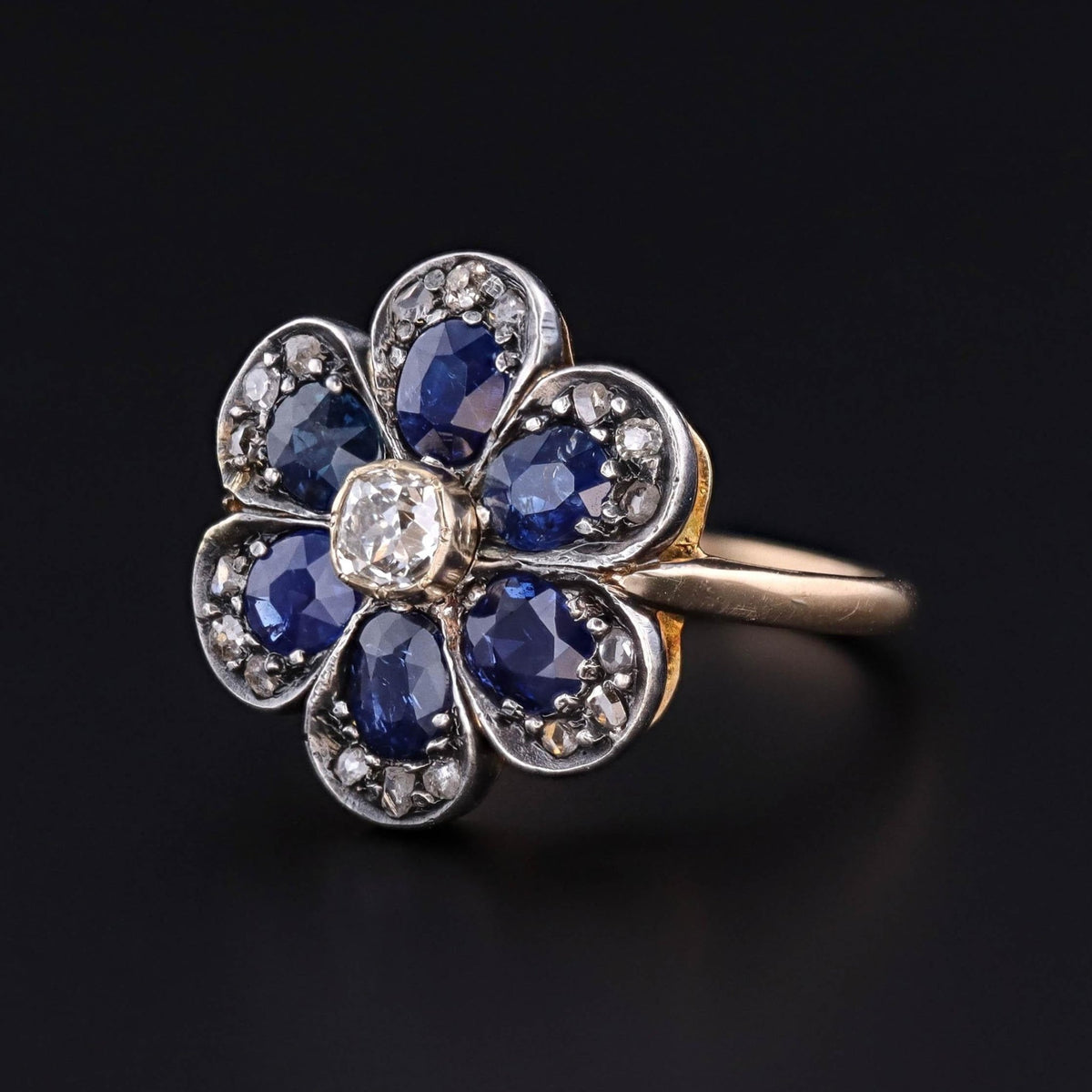 Vintage Sapphire and Diamond Flower Ring of Silver Topped 15ct Gold - Trademark Antiques
