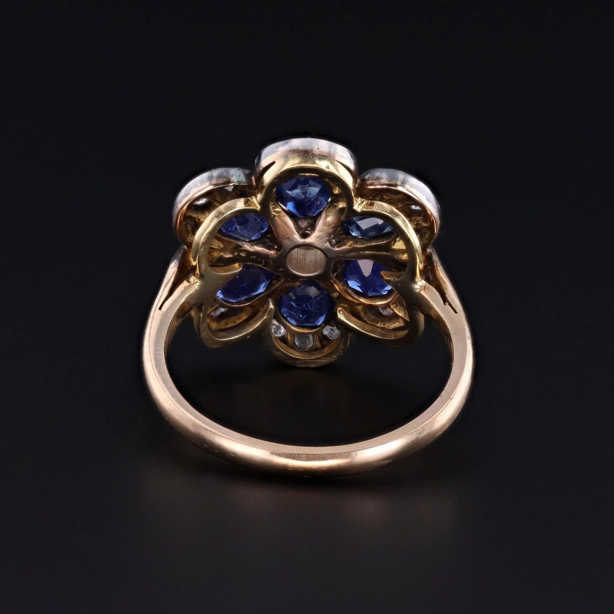 Vintage Sapphire and Diamond Flower Ring of Silver Topped 15ct Gold - Trademark Antiques